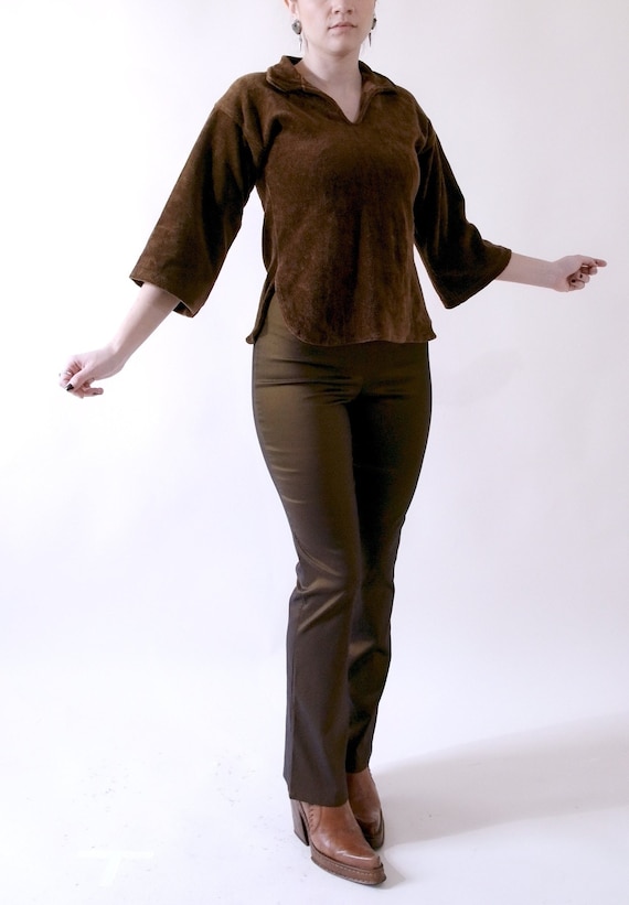 70s 3/4 Sleeve Terry Chocolate Brown Collared Top