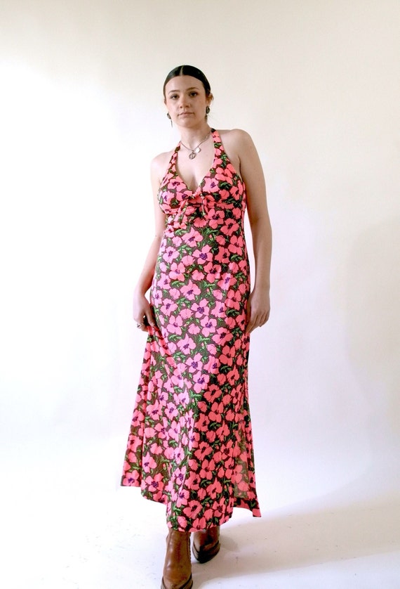 Pink Floral 70s Maxi Dress Summer Sundress