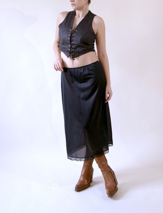 Black Midi Slip Skirt 70s Semi Sheer Half Slip