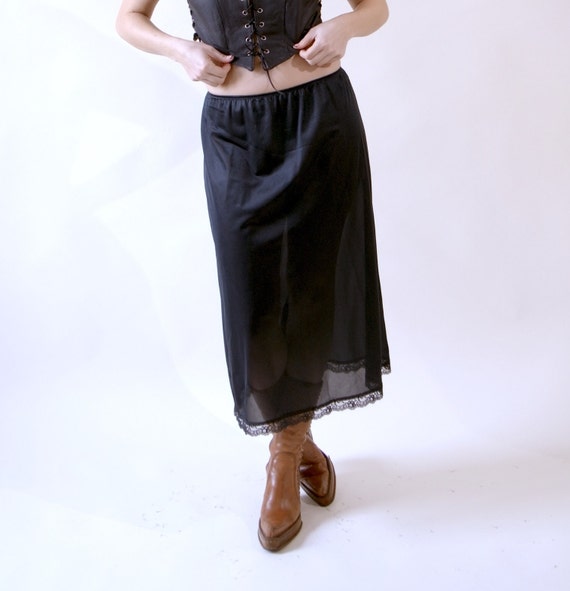 Black Midi Slip Skirt 70s Semi Sheer Half Slip - image 5