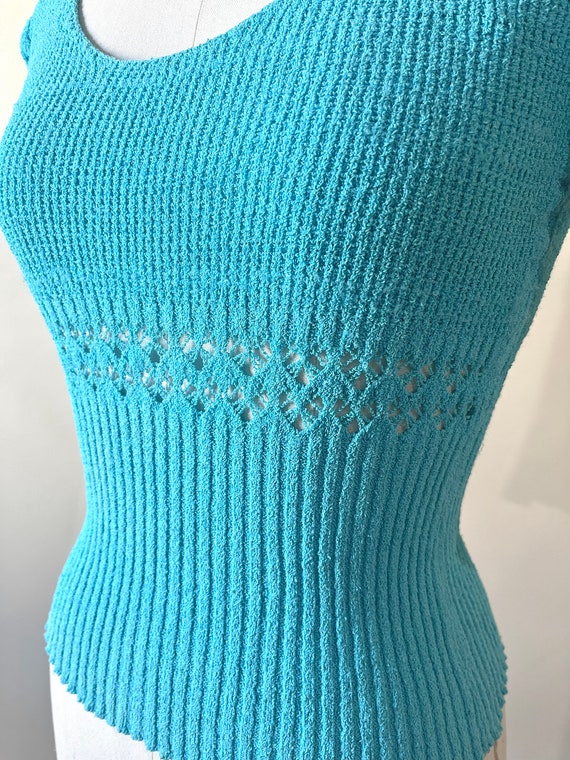 90s Turquoise Cutout Sweater 3/4 Sleeve Scoop Neck - image 7