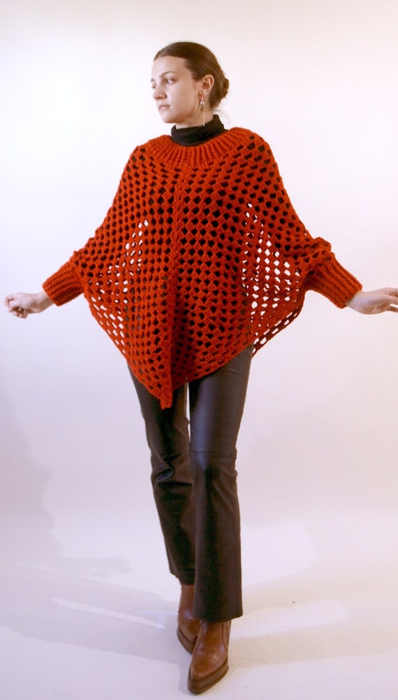 Hand Crochet Poncho Sweater Open Stitch Bat Sleeve