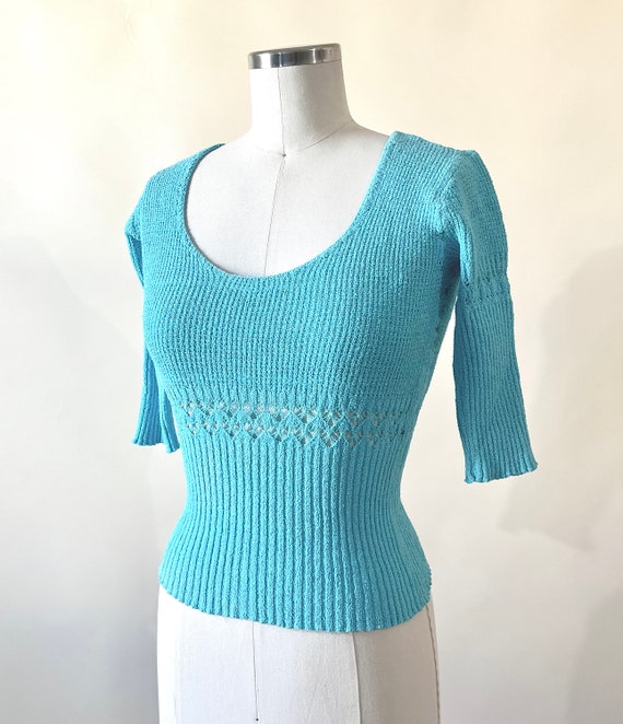 90s Turquoise Cutout Sweater 3/4 Sleeve Scoop Neck - image 5