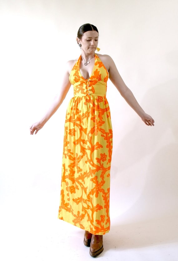 Stunning 70s Otaheite Lahaina Halter Maxi Dress Ha