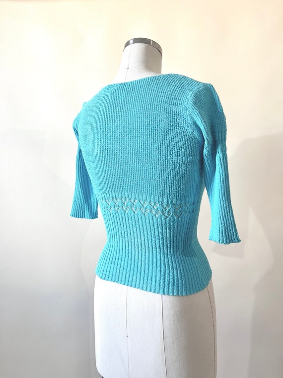 90s Turquoise Cutout Sweater 3/4 Sleeve Scoop Neck - image 6