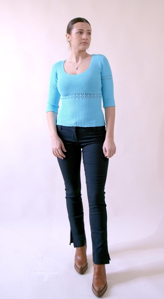 90s Turquoise Cutout Sweater 3/4 Sleeve Scoop Neck - image 1