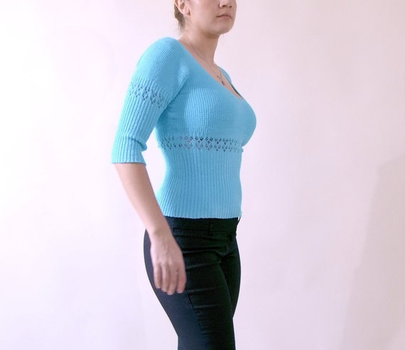 90s Turquoise Cutout Sweater 3/4 Sleeve Scoop Neck - image 2