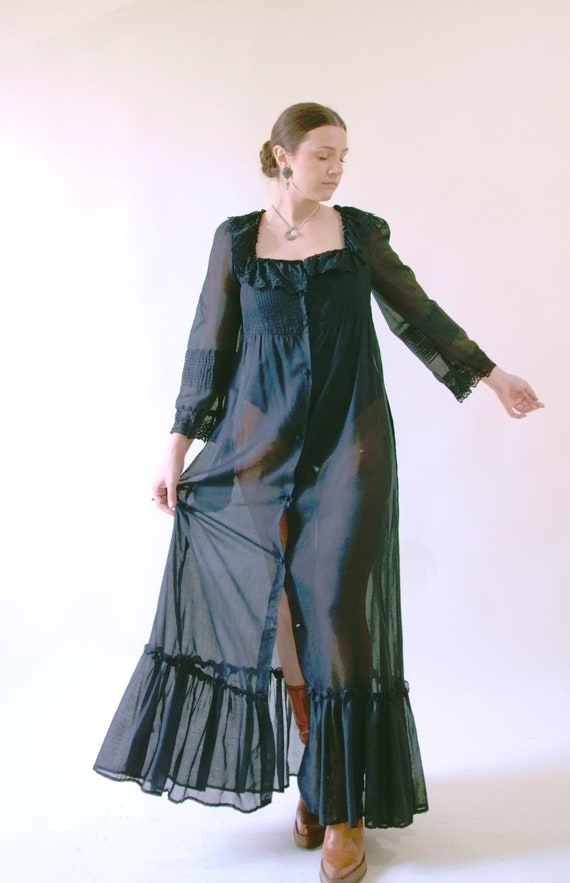 Gauzy Sheer Cover Up Long Sleeve Maxi Dress Black