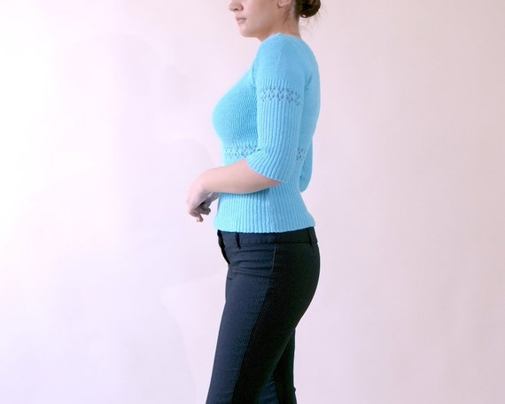 90s Turquoise Cutout Sweater 3/4 Sleeve Scoop Neck - image 4