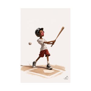 Puede incluir: Una ilustración digital de un jugador de béisbol con casco negro, camiseta blanca y pantalones cortos rojos, bateando una pelota con un bate de madera. El jugador lleva zapatillas negras y blancas y está sobre una base de home plate.