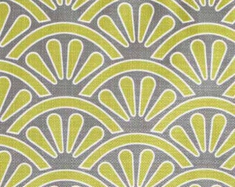 May include: A repeating pattern of yellow and gray fan shapes. The fan shapes are arranged in a staggered pattern, creating a dynamic and modern design.
