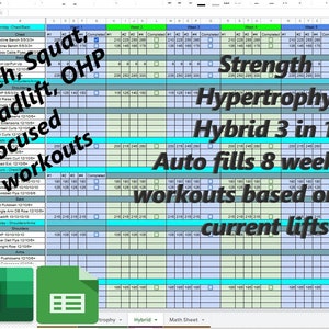 Peut inclure: Une feuille de calcul avec un plan d'entraînement pour le développé couché, le squat, le soulevé de terre et le développé militaire. Le plan est un hybride de force et d'hypertrophie, conçu pour 8 semaines, et se remplit automatiquement. Icônes Excel et Google Sheets.