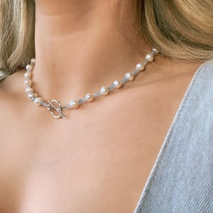 Freshwater Pearl and Aquamarine Necklace, toggle necklace, winter necklace, t bar necklace, Real Pearl, pretty necklace, march Birthstone