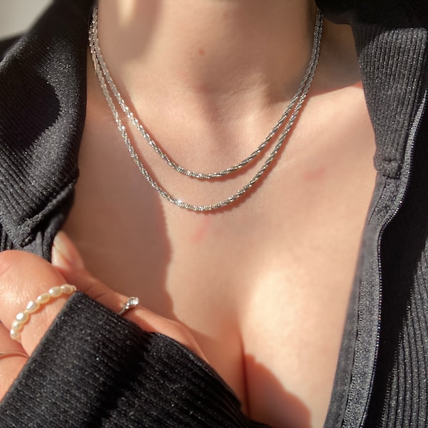 Silver sparkly rock chain, Margarita necklace, twisted rope chain, layering necklace, silver glitter chain necklace, elegant necklace