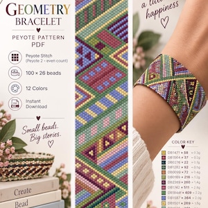 May include: A peyote stitch bracelet pattern PDF titled Geometry Bracelet by Beadyjulia. The design features a geometric pattern with 12 colors, measuring 6.3 inches by 1.3 inches. The image includes a color key and a visual of the finished bracelet.