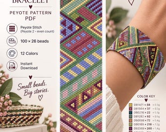 Könnte beinhalten: Eine Peyote-Stitch-Armbandanleitung als PDF mit dem Titel Geometry Bracelet von Beadyjulia. Das geometrische Muster besteht aus 12 Farben und misst 16,0 cm mal 3,2 cm. Das Bild enthält einen Farbschlüssel und eine Ansicht des fertigen Armbands.