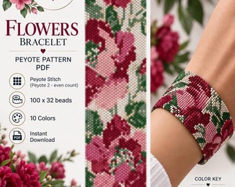 Könnte beinhalten: Ein digitales PDF-Peyote-Stichmuster für ein Armband mit dem Titel Flowers von Beadyjulia. Das Muster zeigt ein florales Design mit 10 Farben, 100 x 32 Perlen oder 16,0 x 4,0 cm groß. Enthält einen Farbschlüssel mit Perlcodes und Gewichten.