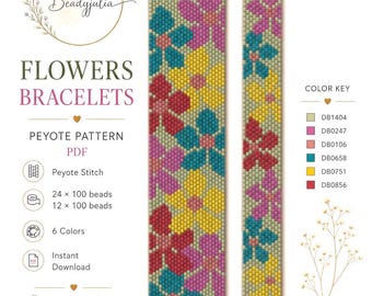 Könnte beinhalten: Ein Peyote-Stitch-Armbandmuster mit dem Titel Flowers Bracelets von Beadyjulia. Das Design zeigt zwei vertikale Streifen mit Blumenmotiven in Gelb, Pink, Rot und Türkis auf hellgrünem Hintergrund, inklusive Farbschlüssel und Perlenanzahl.