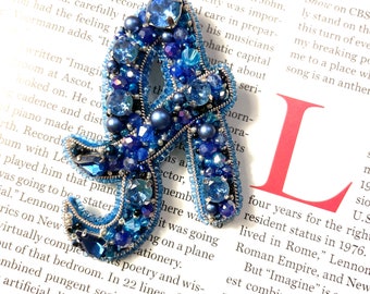 Letter beaded brooch Handmade brooch Jewelry brooch Beaded embroidered Blue brooch