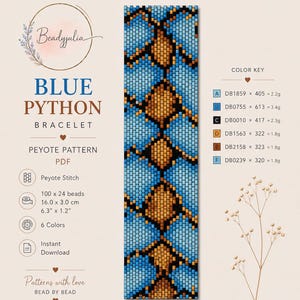Blå Pyton Braselet Peyote Mönster Miyuki Delica pärlbroderi Pärlarmband Beadind handledning direktnedladdning Design Beadyjulia