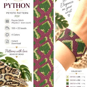 Peut inclure: Un modèle de tissage peyote en PDF numérique intitulé Python, présentant un motif géométrique de peau de serpent en quatre couleurs. Le motif mesure 16,0 cm sur 2,7 cm, utilise 100 par 22 perles et inclut une légende avec les codes et poids.