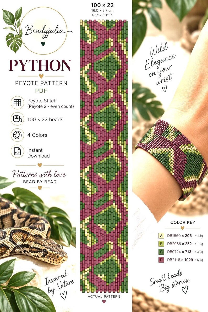 K&ouml;nnte beinhalten: Ein digitales PDF-Peyote-Stichmuster mit dem Titel Python, das ein geometrisches Schlangenhautmuster in vier Farben zeigt. Das Muster misst 16,0 cm mal 2,7 cm, verwendet 100 mal 22 Perlen und enth&auml;lt einen Farbschl&uuml;ssel mit spezifischen Codes.