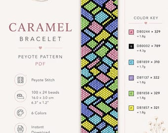 May include: A rectangular peyote stitch bead pattern titled Caramel Bracelet, featuring a geometric grid of pink, yellow, green, blue, and purple beads. The PDF includes a color key with six bead codes, 100 by 24 bead count, and 6.3 by 1.2 inch dimensions.