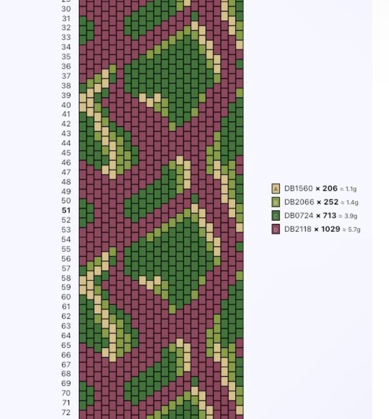 K&ouml;nnte beinhalten: Ein Perlenwebmuster-Diagramm mit einem sich wiederholenden geometrischen Design in den Farben Dunkelweinrot, Waldgr&uuml;n und Hellbeige. Das Raster enth&auml;lt nummerierte Reihen von 30 bis 72 sowie eine Farblegende mit den Codes DB1560, DB2066, DB0724 und DB2118.