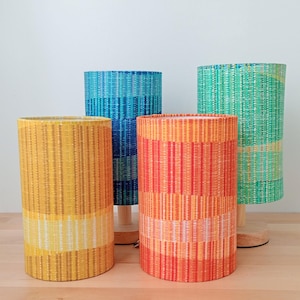 Scandi lamp - Mid Century, flame orange, sea greens, gold lines, blue lines