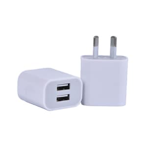 May include: Two white USB wall chargers. One charger has two USB ports, and the other has two prongs for an electrical outlet. The chargers are shown against a white background.