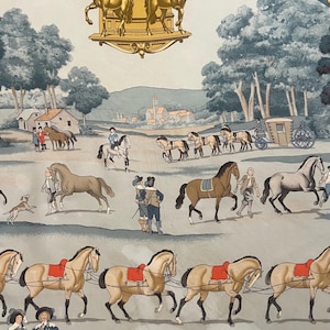 HERMES Blue Silk Scarf, PRESENTATION of HORSES, 1970, by Ledoux