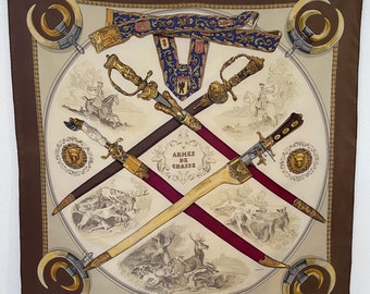 HERMÈS ARMES de CHASSE 1970 Foulard en soie Ledoux Philippe