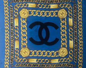 CHANEL Blue CHAIN SILK Scarf