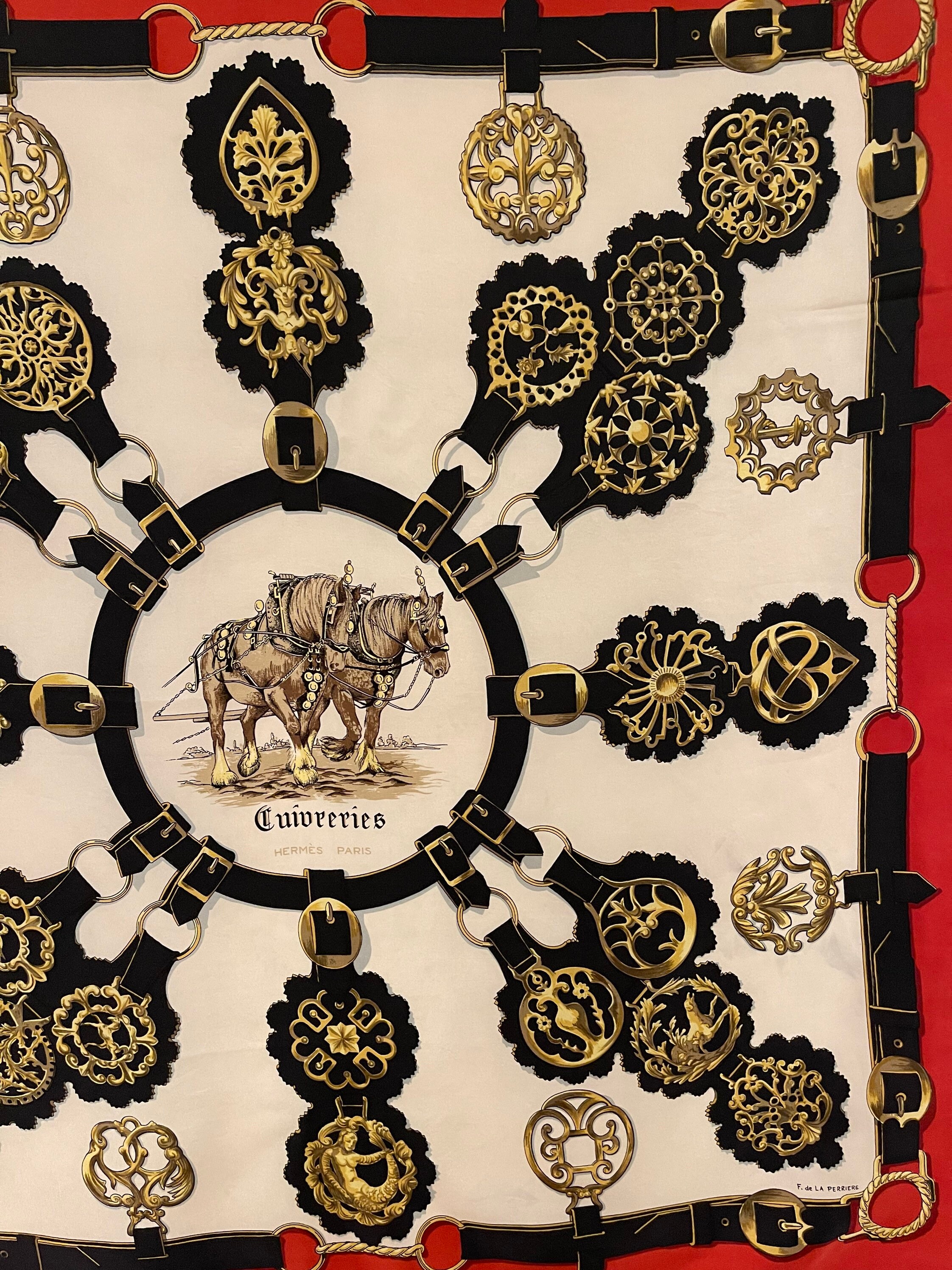 Foulard HERMÈS Vintage Cuivreries - Soie 100% - 1963 Françoise De La Perrière - Occasion Bon état