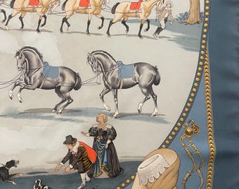 HERMES Blue Silk Scarf, PRESENTATION of HORSES, 1970, by Ledoux