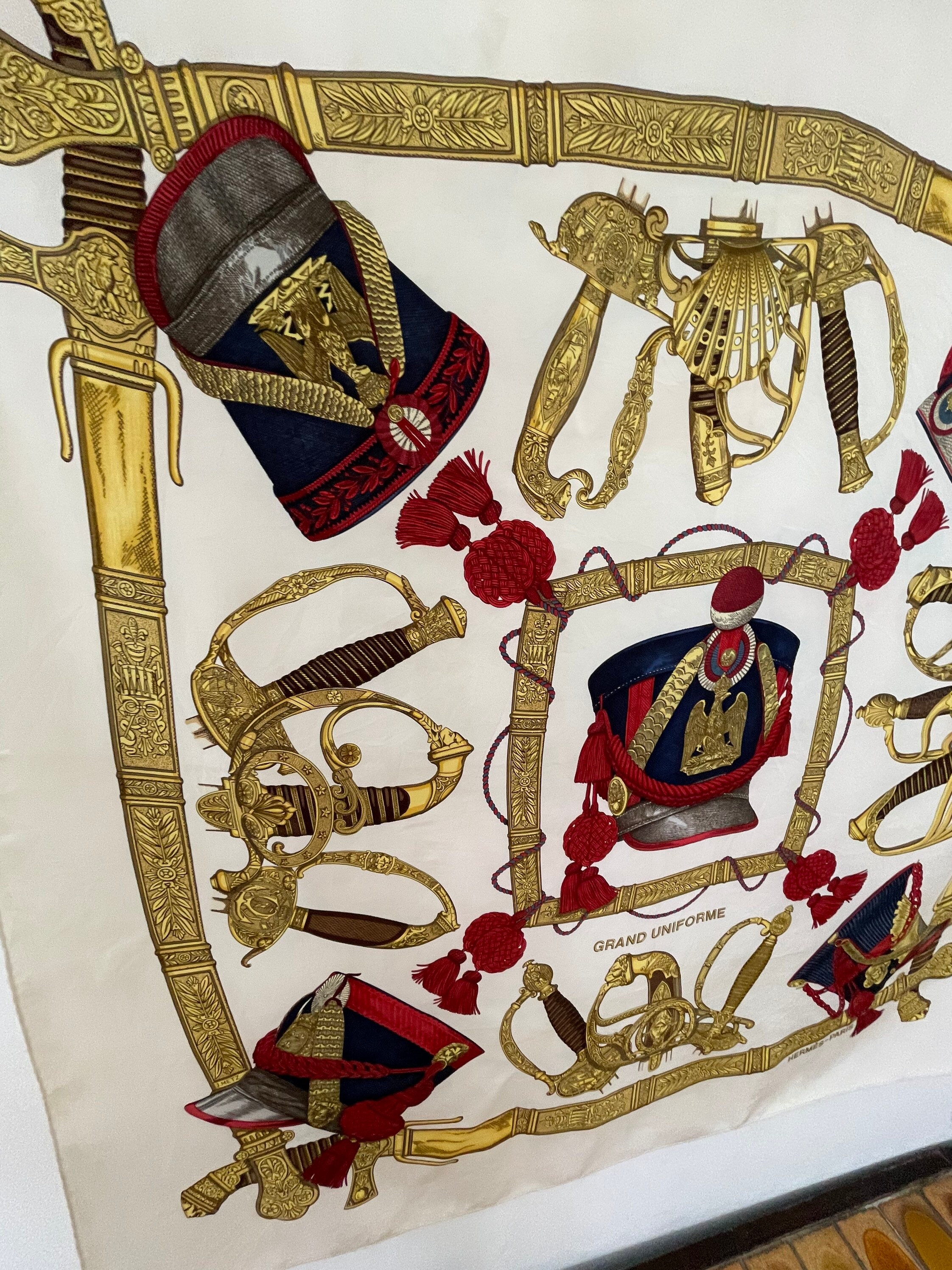 HERMÈS Vintage Silk Scarf GRAND UNIFORME Pink-Gold By Joachim Metz 1985