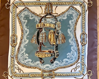 HERMES NOVIA DE COUR 1987 pañuelo de seda “Francoise de la Perriere” marrón y azul