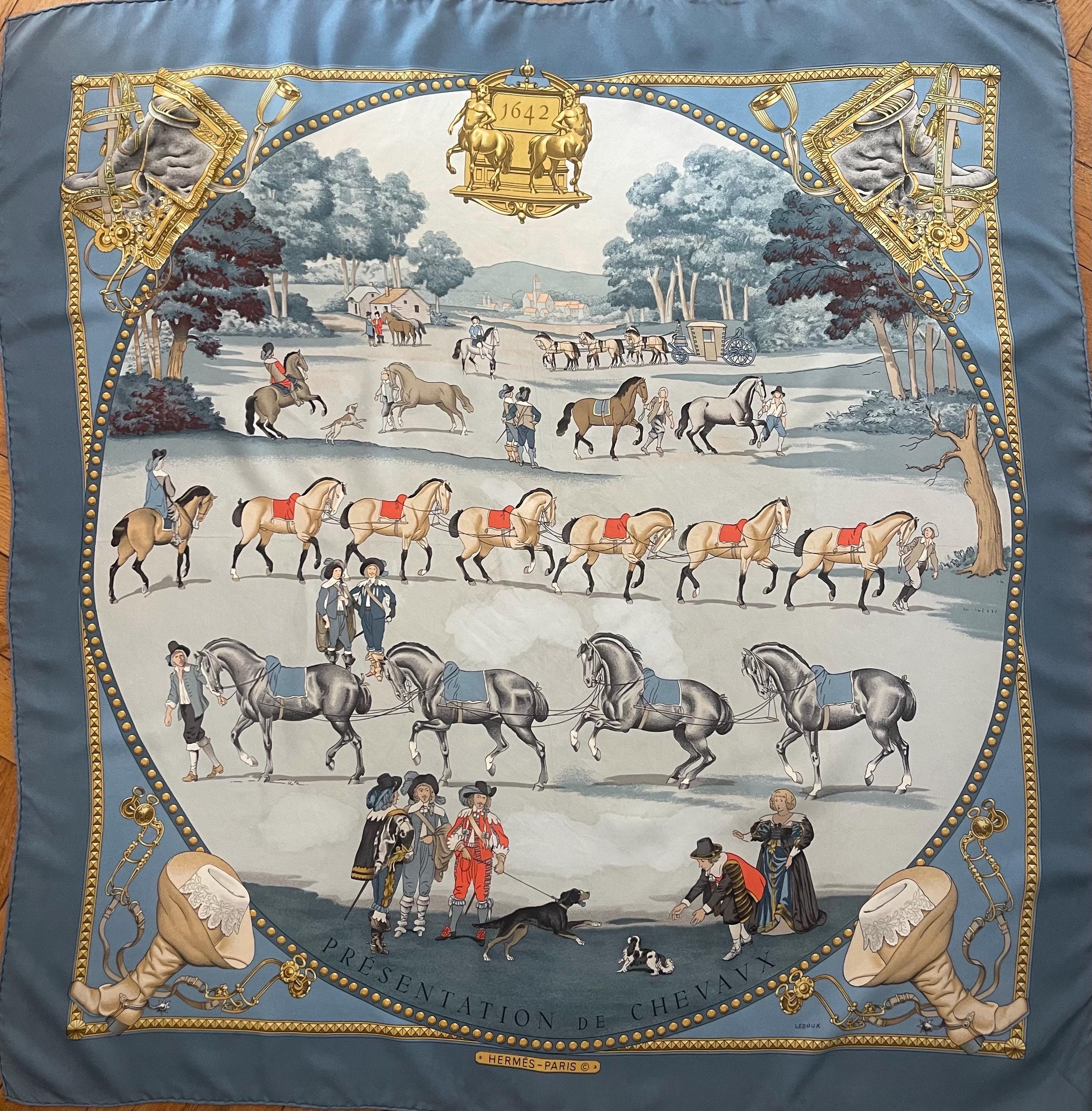HERMES Blue Silk Scarf, PRESENTATION of HORSES, 1970, by Ledoux