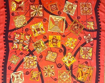 Foulard en soie rouge HERMES MÉCANIQUE des IDÉES créé par Henry Christine 2004 France
