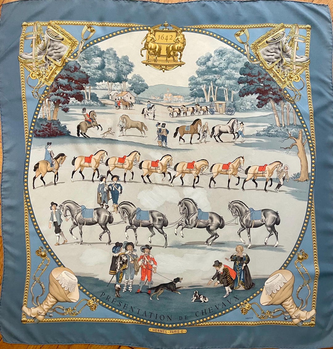 HERMES Blue Silk Scarf, PRESENTATION of HORSES, 1970, by Ledoux
