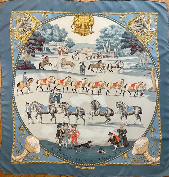 HERMES Blue Silk Scarf, PRESENTATION of HORSES, 1970, by Ledoux