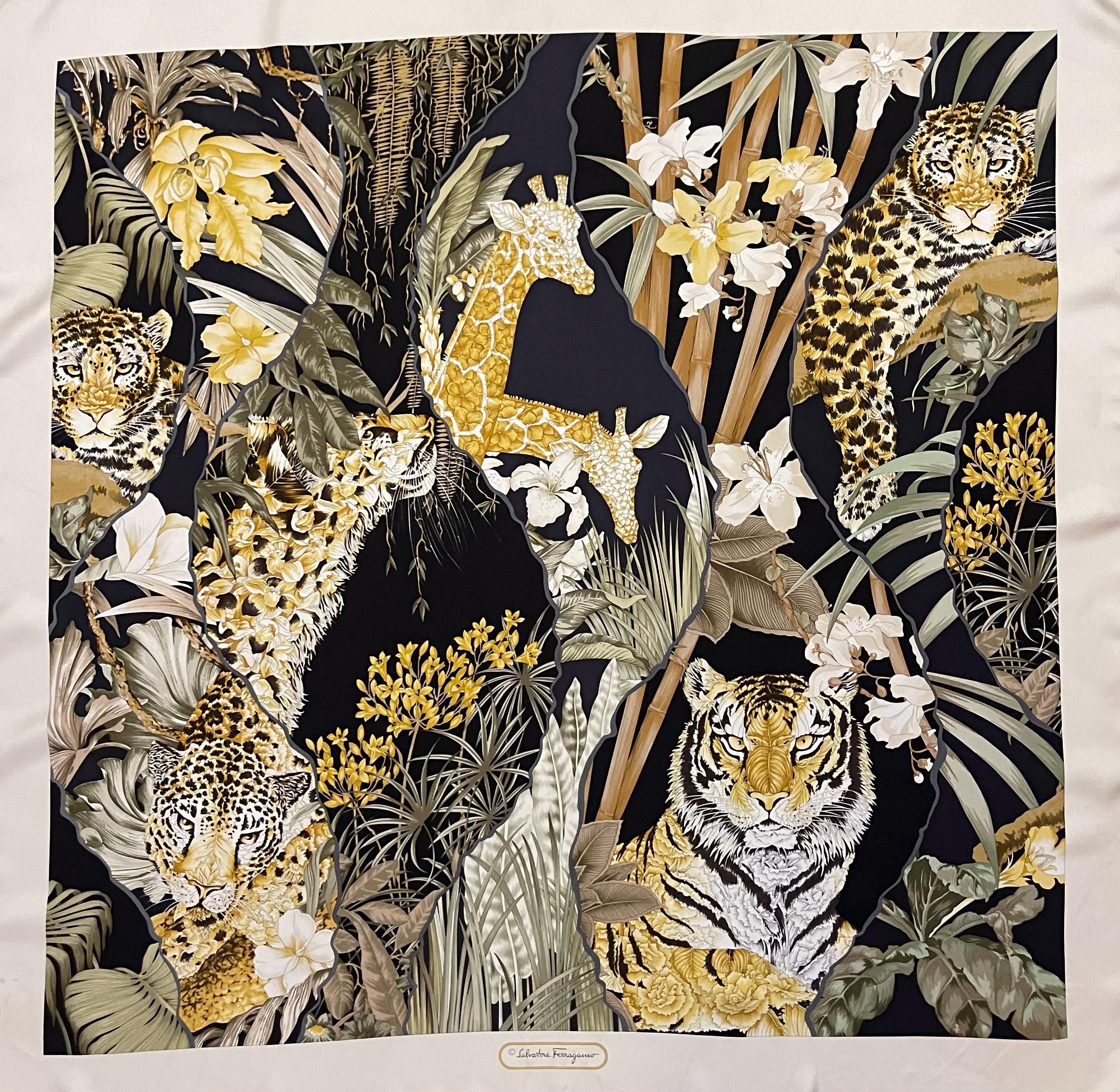 【美品✨️】Salvatore Ferragamo レオパード柄 ストール フェラガモ ヒョウ柄 大判 シルクスカーフ アニマル ボタニカル