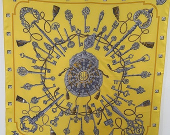 Fular HERMÈS CLÉS des CHAMPS en soie 1990 Faconnet Françoise