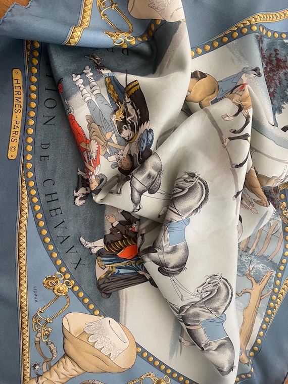 HERMES シルクスカーフ 馬術デザイン HERMES Blue Silk Scarf, PRESENTATION of HORSES, 1970, by Ledoux