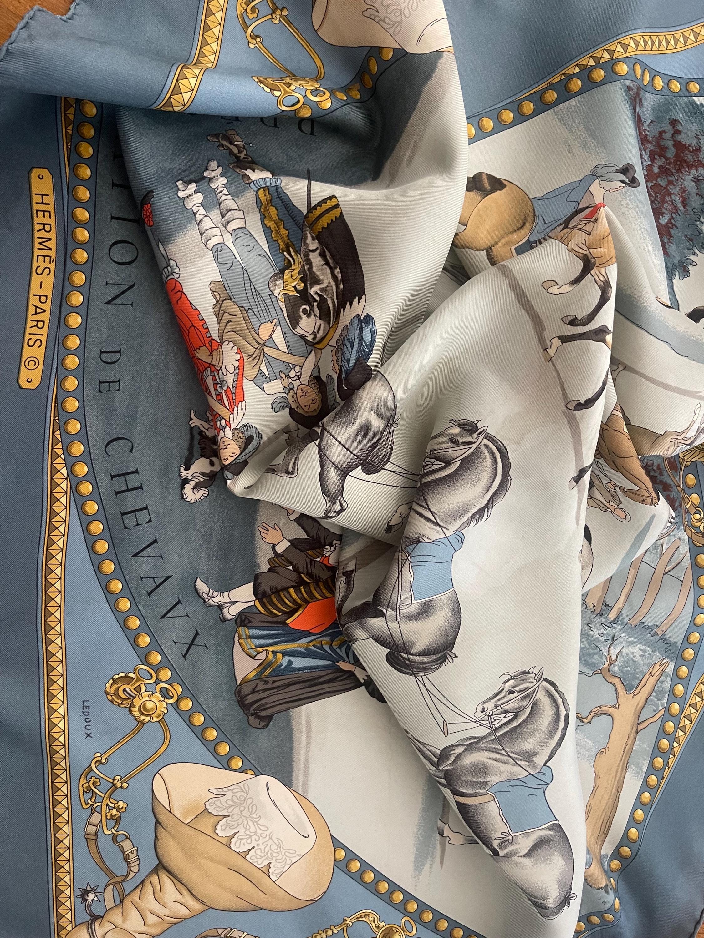 HERMES Blue Silk Scarf, PRESENTATION of HORSES, 1970, by Ledoux