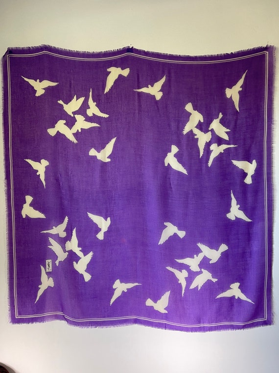 YSL écharpe de laine vintage violet avec des oiseaux