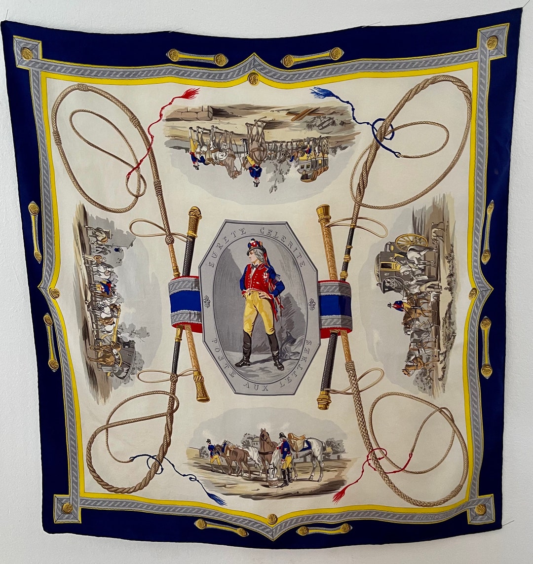 Foulard Hermès Vintage 'Surété Célérité' - Soie Lourde, Motif Animal, 90x86 Cm, Très Bon état