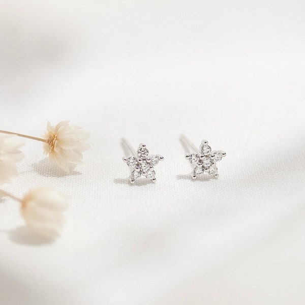 Tiny Flower Stud Earrings, 925 Sterling Silver with Sparkly CZ Crystals, Small Gold Earrings, Minimalist Earrings, Gift For Her