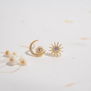 Sun and Moon Stud Earrings, 925 Sterling Silver with 14k White Gold Plating, Moon Earrings, Sun Earrings, Dainty Jewelry