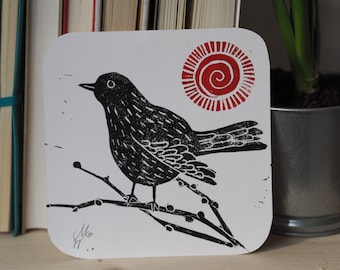 Linocut print blackbird